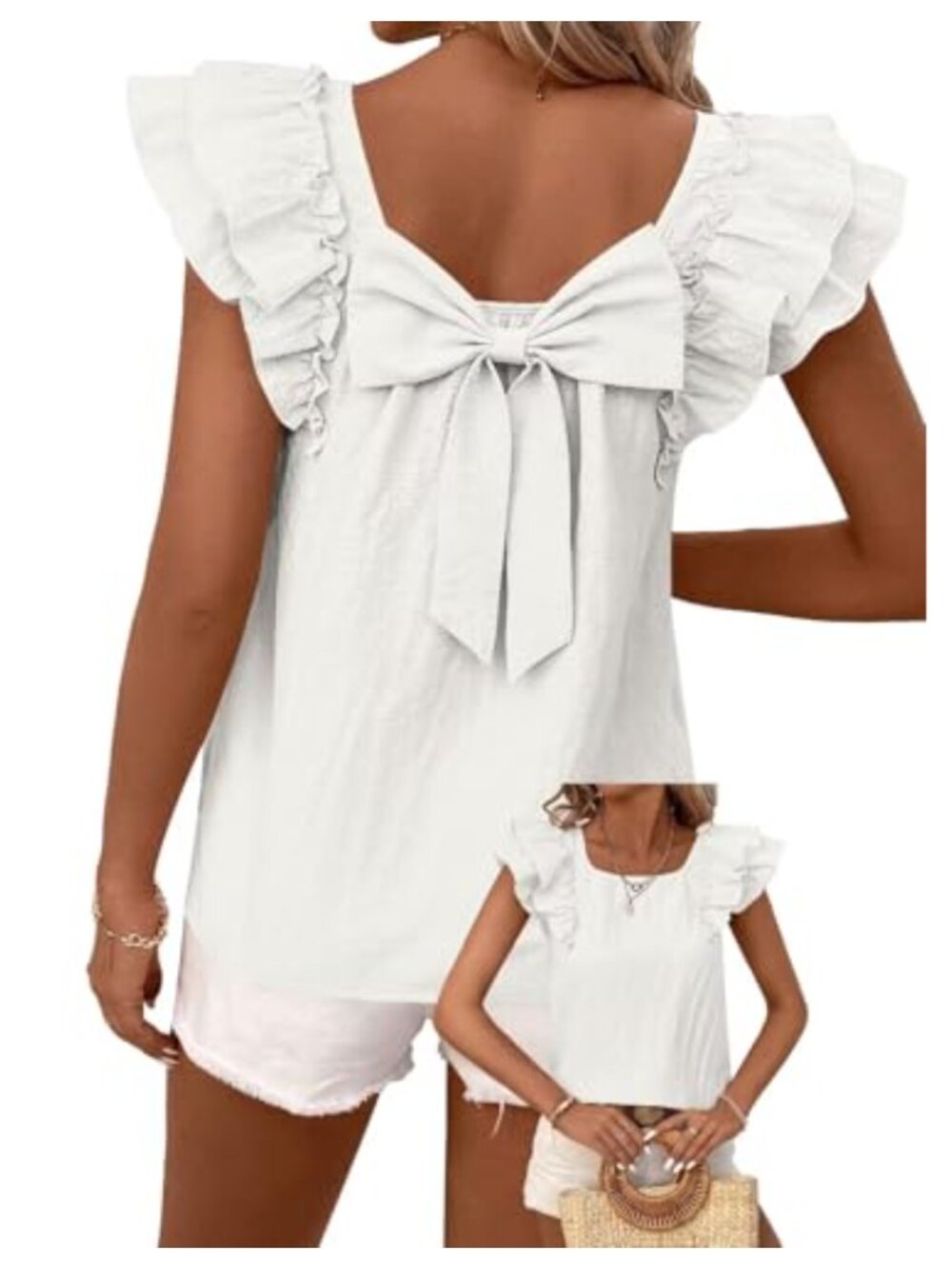 Womens Bow Tie Back Babydoll Vneck Ruffle Short Sleeve Tunic Top